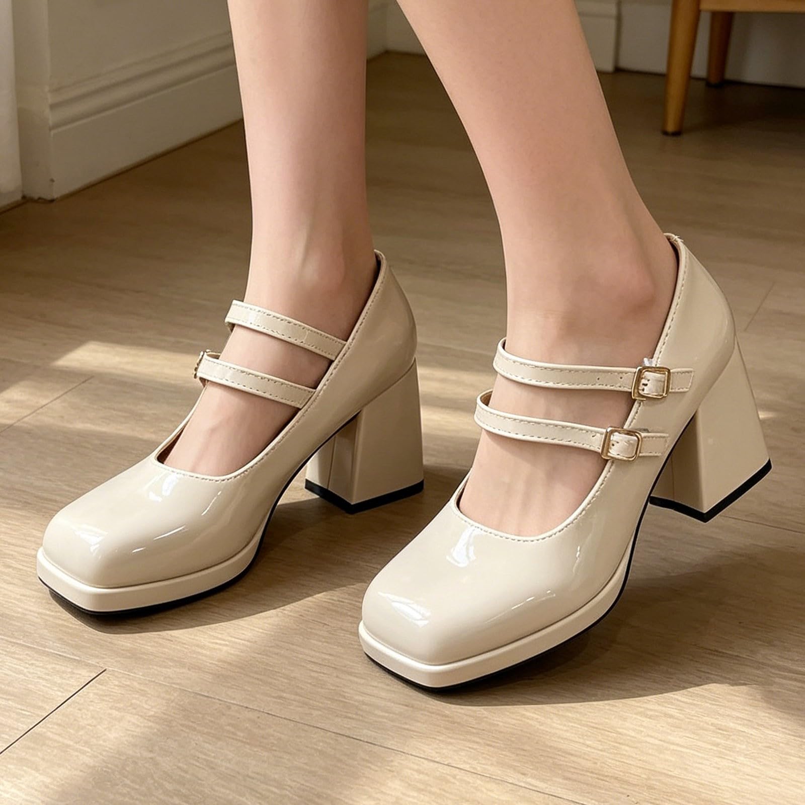 Scarpe Mary Jane da donna con plateau e punta alla caviglia, stile Lolita, in pelle verniciata, stile retrò, con tacco a blocco, per feste