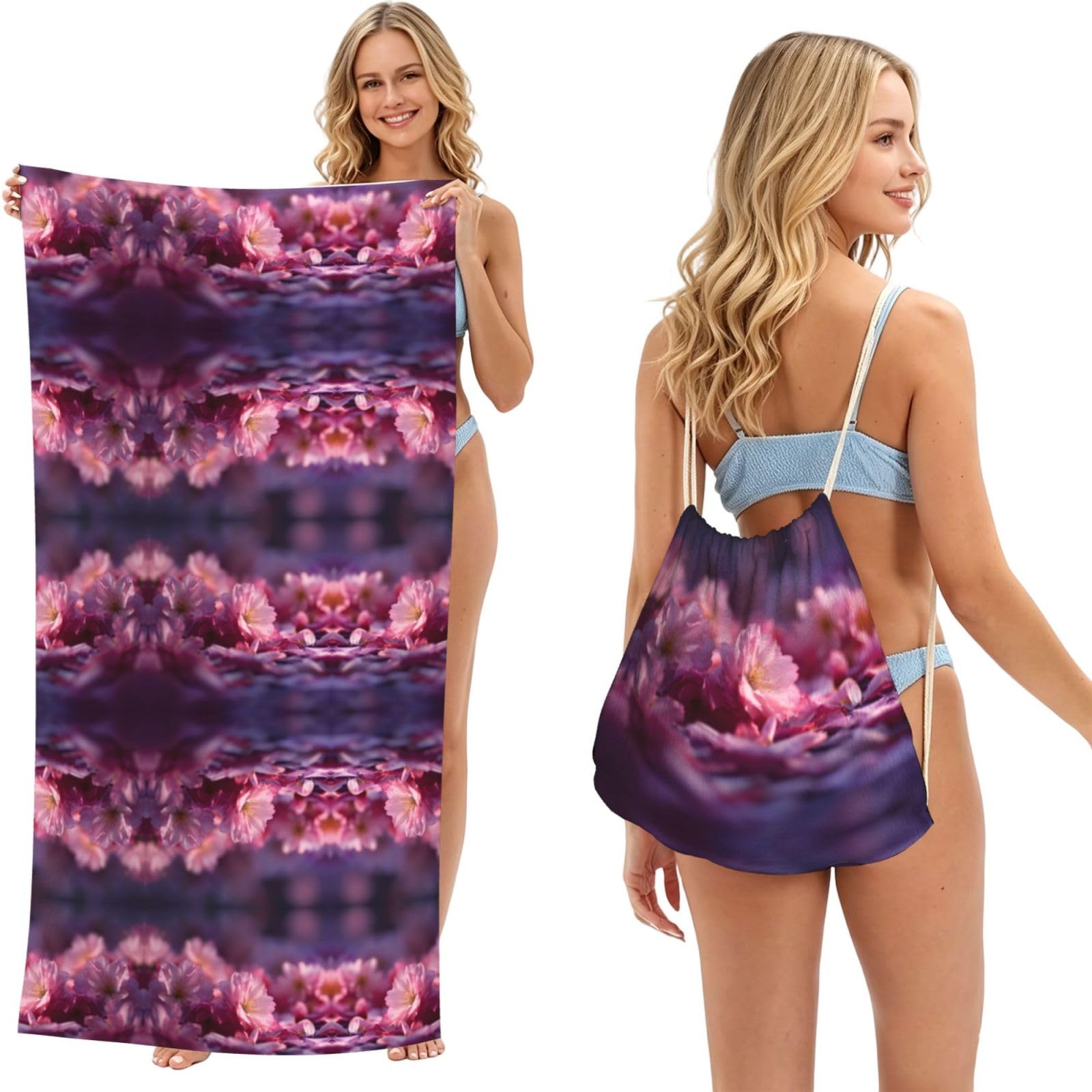 ESNAIUVCD Cherry Blossoms Print Beach Towel For Adults,Towel With Drawstring Bag, Travel Pool Swimming Sports Shower Sand Free Quick Dry Bath Towel For Pool, Beach, Yoga- 180x60cm