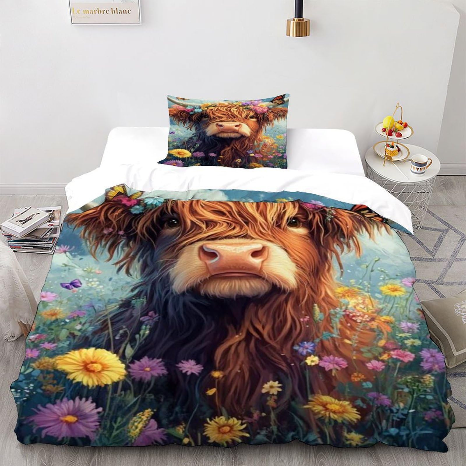 Highland Cow Flower Bedding Set 3D Digital Printing Animal Theme Wildlife Duvet Cover Set Chic Breathable Quilt Cover for Boys & Girls with Pillow Single（135x200cm）