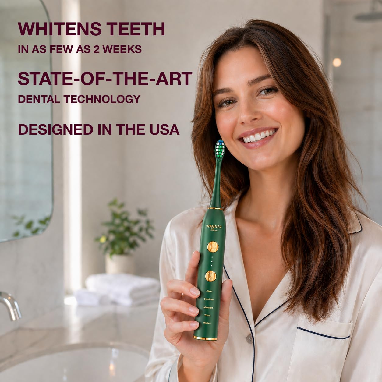 Wagner & Stern WHITEN+ Cepillo Eléctrico Inteligente con Sensor de Presión, 5 Modos, 3 Niveles de Intensidad, 8 Cerdas, Estuche de Viaje Premium. (Esmeralda)