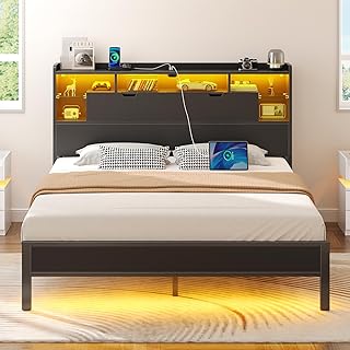Rolanstar Queen Bed Frame with Headboard, LED Bed with Bookcase Storage ...