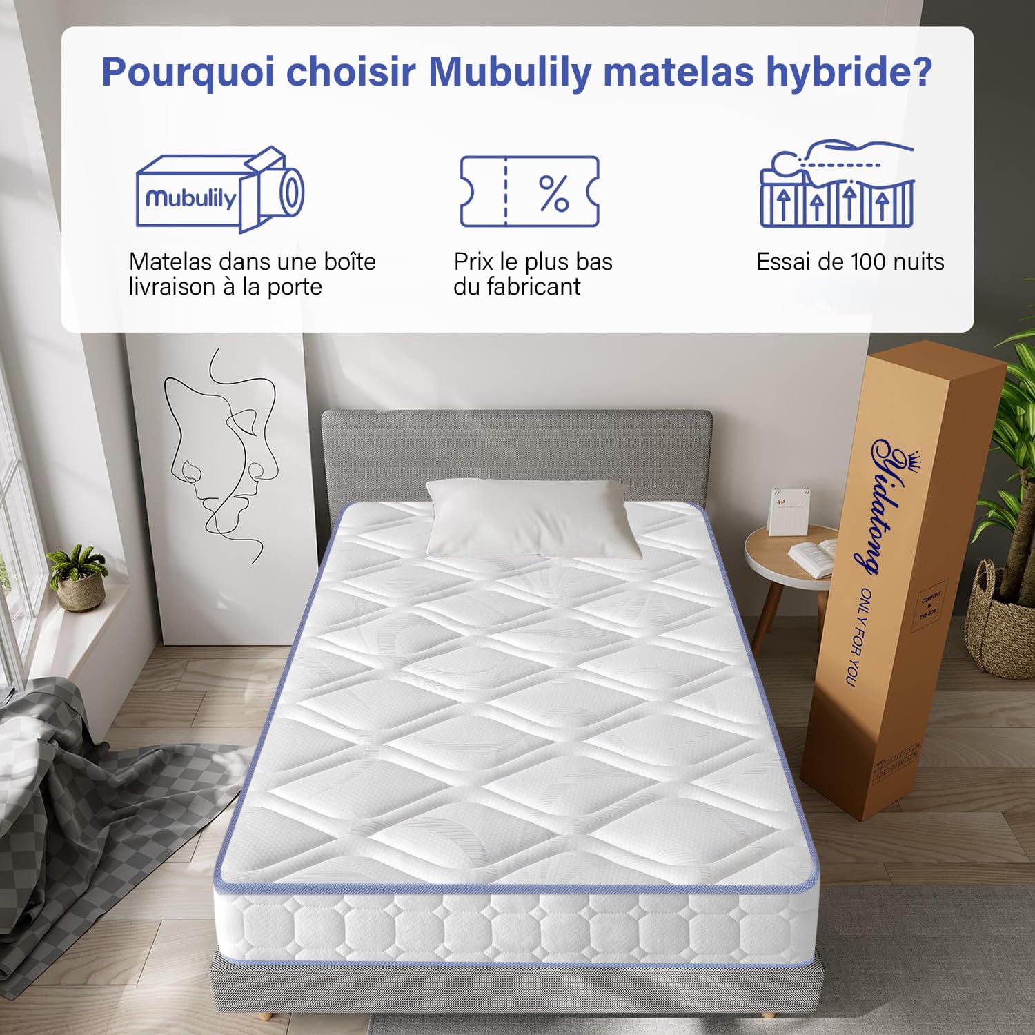 YIDATONG Matelas 90x190 cm 24 cm Ressorts Ensachés Indépendant Mousse à Mémoire de Forme Multicouches 7 Zones
