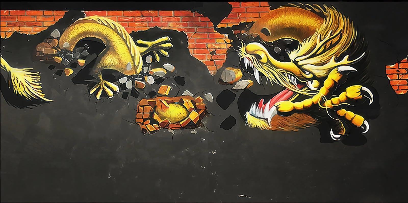 Tapeta nostalgiczna ceglana ściana graffiti złoty smok tematyczny sklep z napojami bar zachodnia restauracja tło fototapeta popołudniowa herbata kawiarnia tapeta 3D, 250 x 175 cm