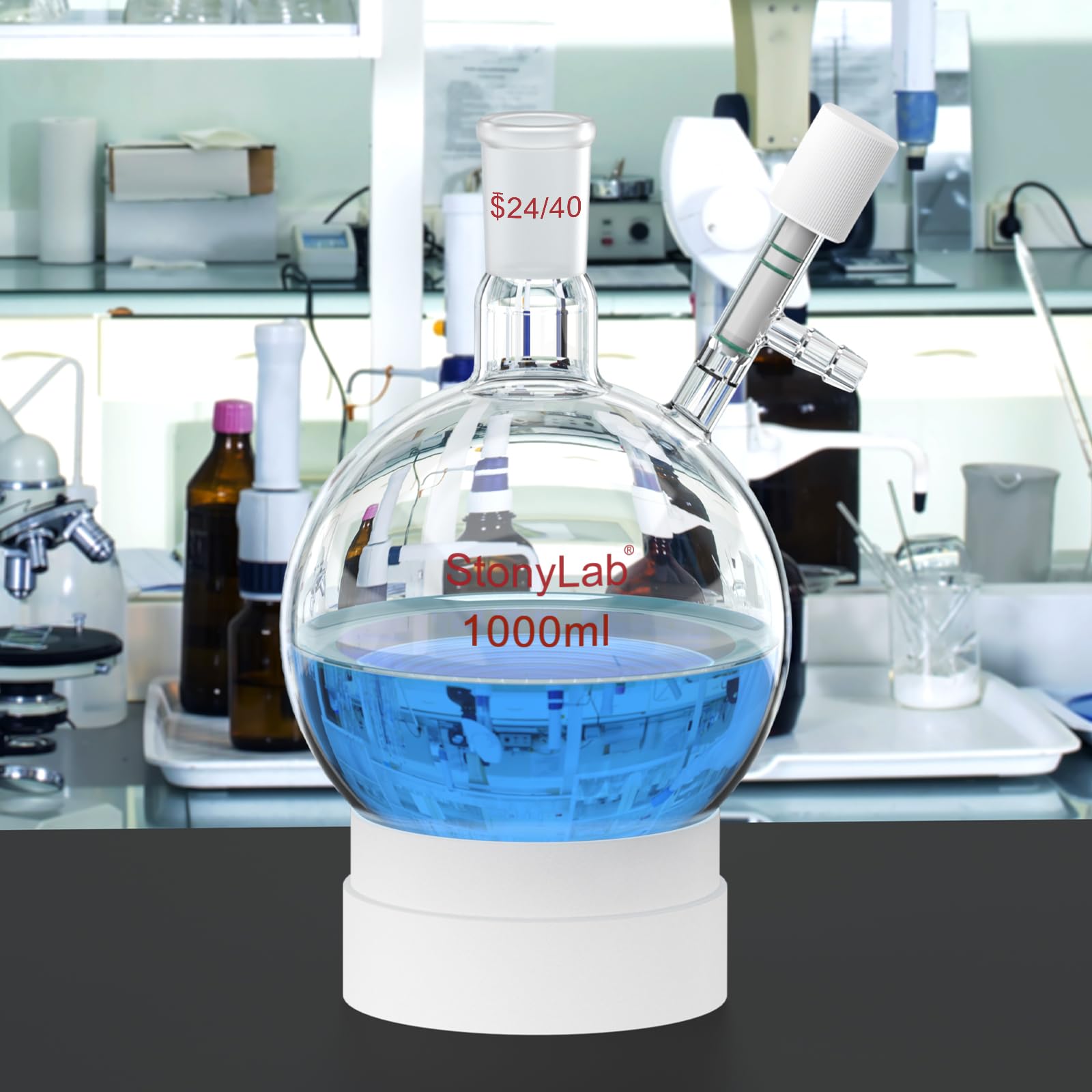 stonylab Vetro Matraccio di Schlenk, 24/40 Giunto Reazione Senza Aria Pallone Schlenk a Fondo Tondo a Parete Pesante, Round Bottom Schlenk Flask con Valvola per Vuoto Alto 0-4 mm, 1000ml