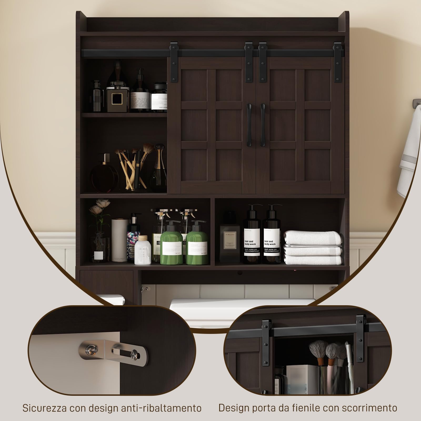 Scaffale per WC con 2 ante scorrevoli e porta carta igienica | Armadietto da bagno autoportante in stile rustico bianco, 77 x 19 x 171,5 cm, con ripiano regolabile e modulo laterale