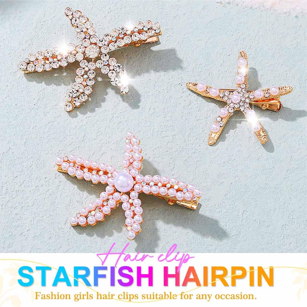 Reaky Mermaid Hair Clips Starfish Hair Clip Rhinestone Clips Hair Accessories for Women (Gold), 1 count (Pack of 3) - Image 2