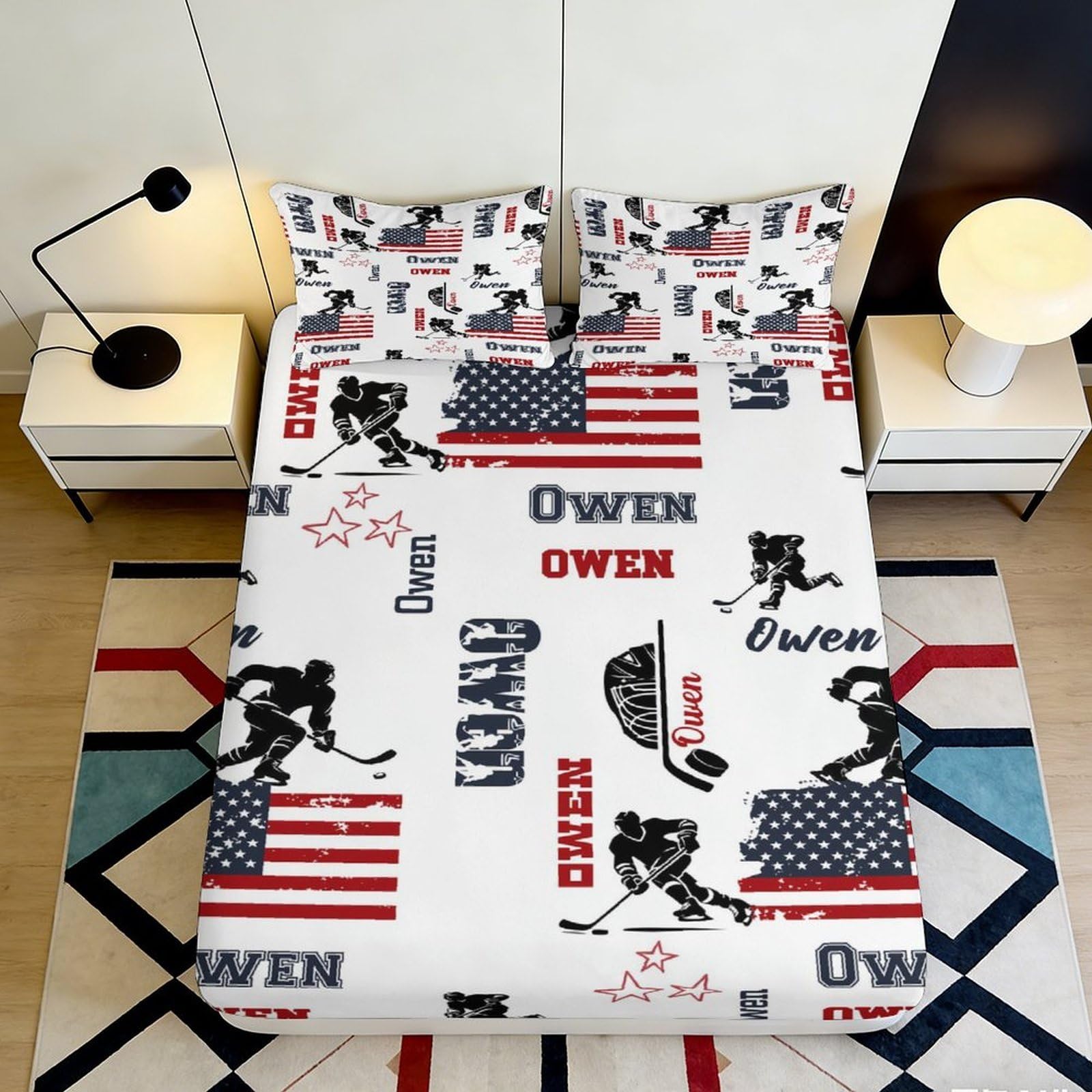 3D Printed Hockey Player American Flag Fitted Sheet Microfiber Soft Mattress Cover for Bedroom Dorm Decor 90x200x25cm