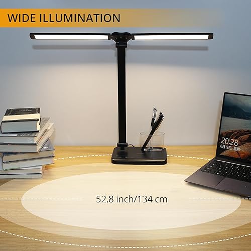 Miniatura 5 de Qooltek Lámpara de escritorio LED con control táctil con doble cabezal ajustable y puerto de carga USB, lámpara de mesa de bajo consumo con soporte