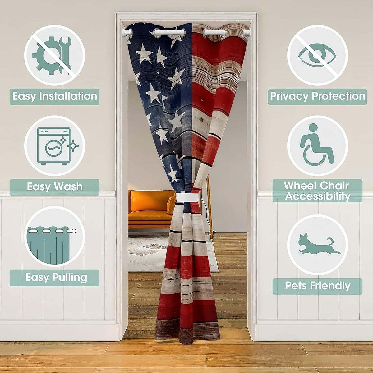 Erosebridal American Flag Door Drape United States Flag Blackout Curtain for Kids Boys Teens Red White and Blue Door Curtain Independence Day theme Room Divider Curtain Rustic Style Decor,34"W X 80"L