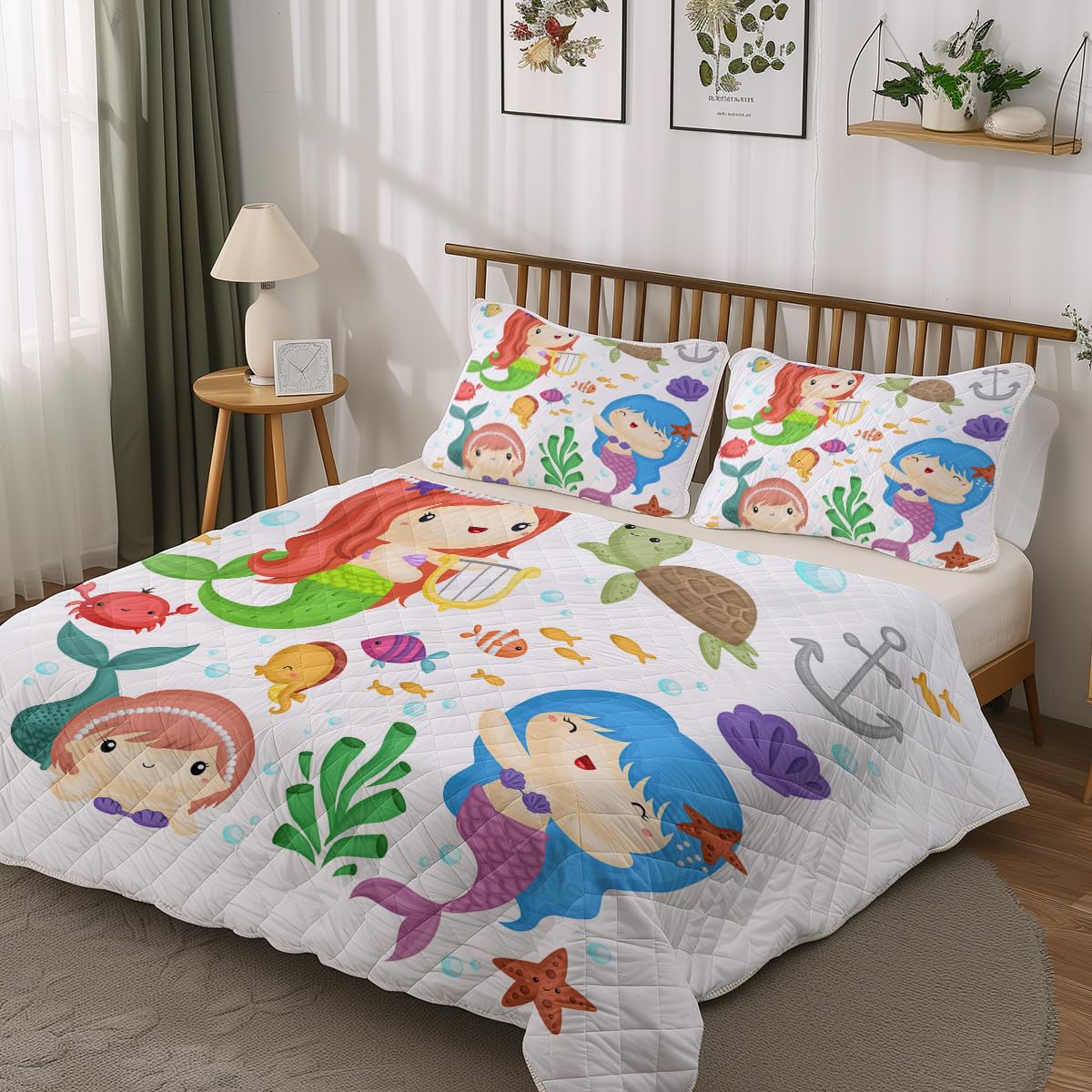 Sleepwish Mermaid Sisters Print Quilt Set Soft Lightweight Bed Set Turtle Fish Bedspread 3pcs for Kids Teens Girls with 1 Quilt and 2 Pillow Covers (Full)