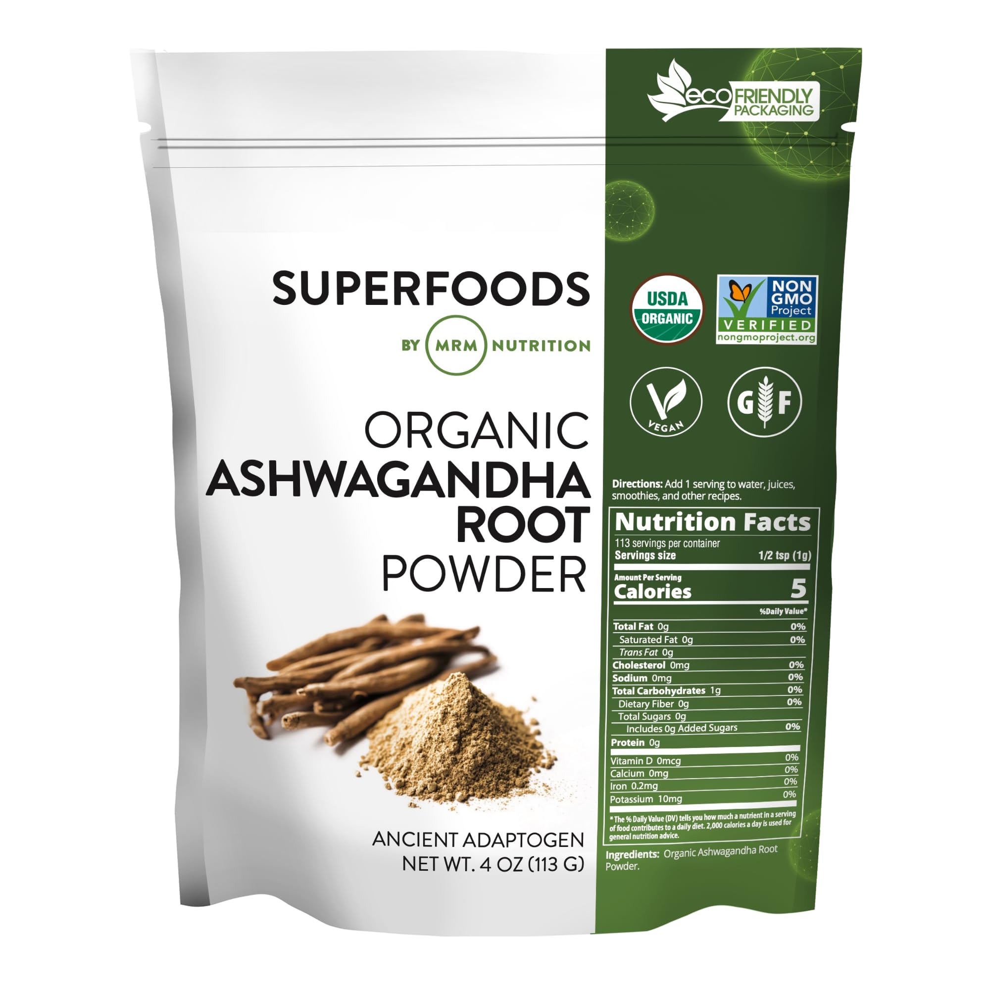 MRM Organic Ashwagandha Root Powder - For Women & Men - USDA Organic Ashwagandha Powder Superfood, with Antioxidants and Adaptogenic Herbal Nutrition, Vegan & Gluten-Free - 113 Servings