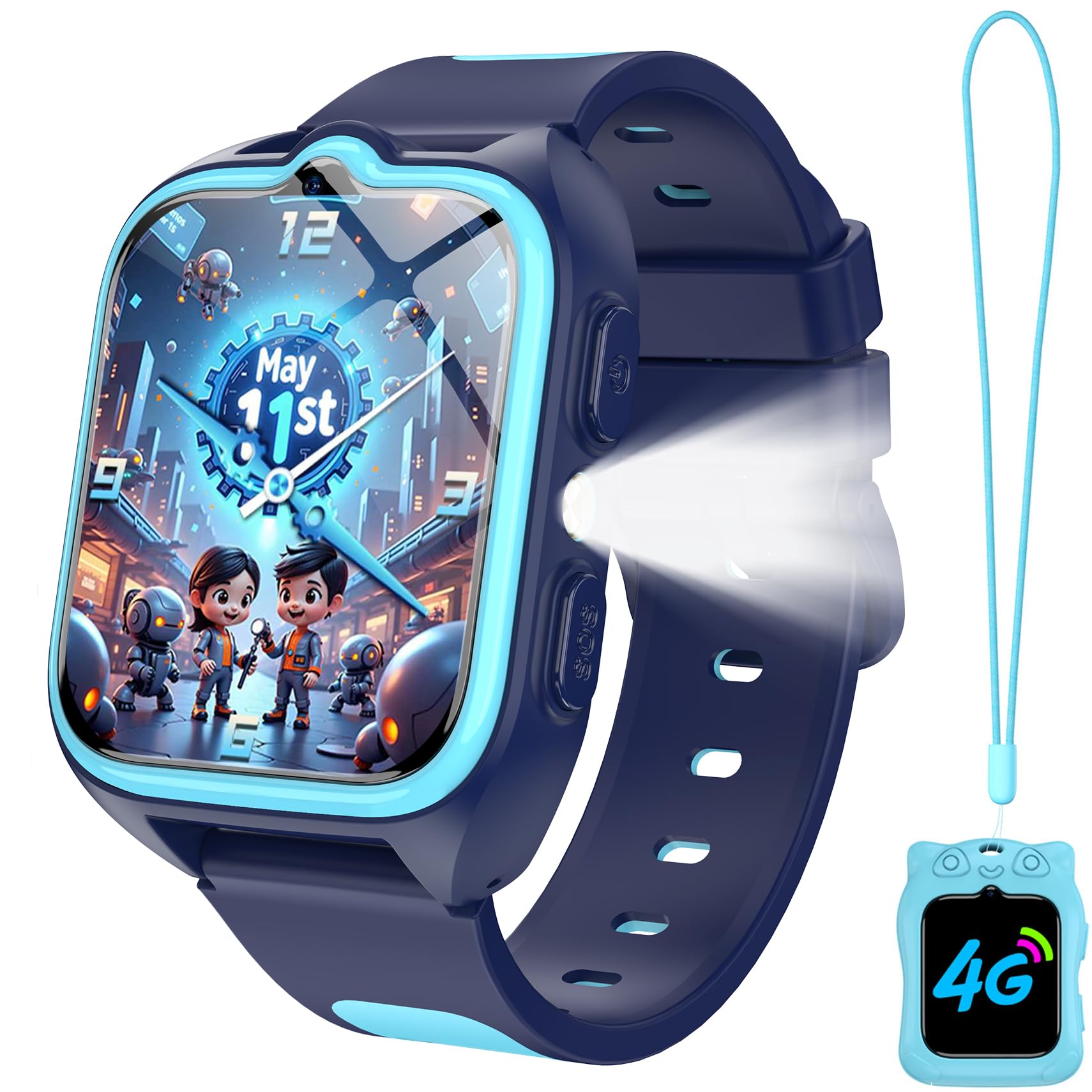 IOWODO Montre Connectée 4G pour Enfants GPS, Appels Vidéo, SOS, Lampe Torche LED, Mode Classe, Jeux, Appareil Photo, étanche IP68, Cadeau et Jouet pour Filles et Garçons