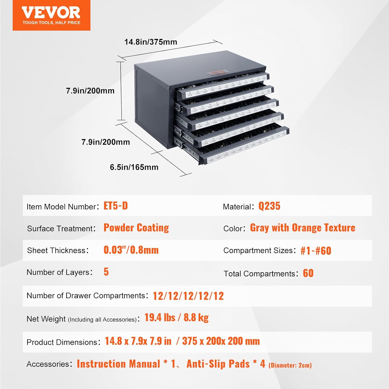 VEVOR Drill Bit Dispenser Cabinet, Five-Drawer Drill Bit Dispenser, 60-Compartment Drill Bit Organizer Cabinet, Drill Dispenser Organizer Cabinet Holder for Jobber Length Wire Gauge Sizes 1 to 60