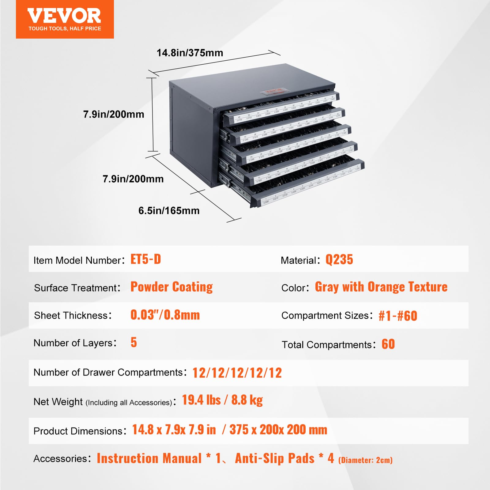 VEVOR Distributeur de Forets 60 Compartiments Étiquetés #1-#60 Boîte de Rangement pour Forets à 5 Tiroirs Coffret Vide pour Foret 37,5x20x20 cm Identification Facile Empilable Rangement Mèches Atelier