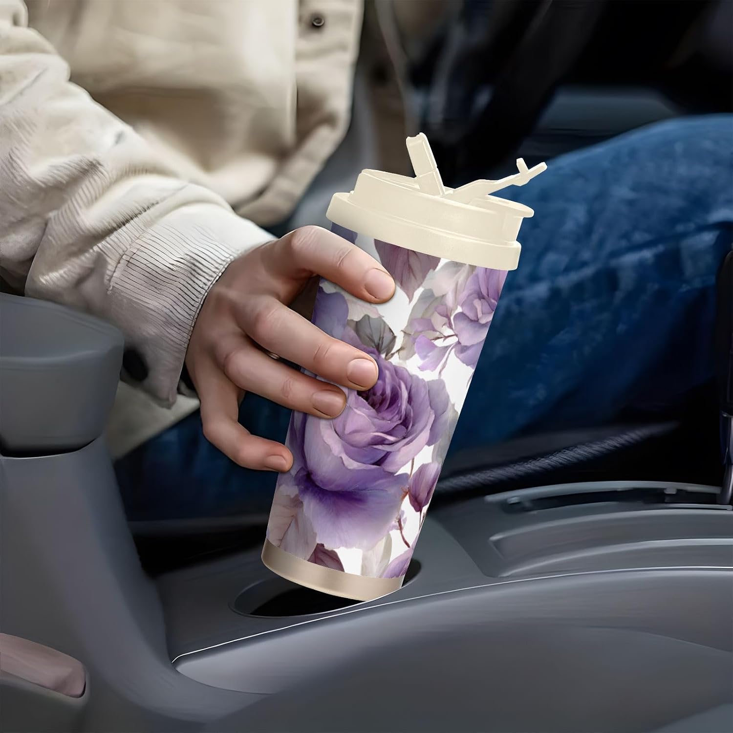 Rose Purple Leaf Insulated Coffee Mug with Straw & Flip Lid, 16.9oz Iced Tumbler Cup, Double Wall Vacuum Leak-Proof Mug for Travel Office