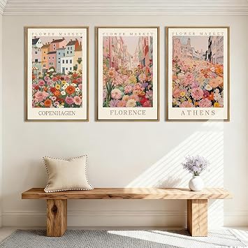CHDITB 3pcs Large Pink Matisse Canvas Wall Art,Colorful Flower Market Wall Decor Boho Botanical Art Prints,Floral Morden City Street Poster,Framed Pictures for Living Room Bedroom Office(40x60cm)