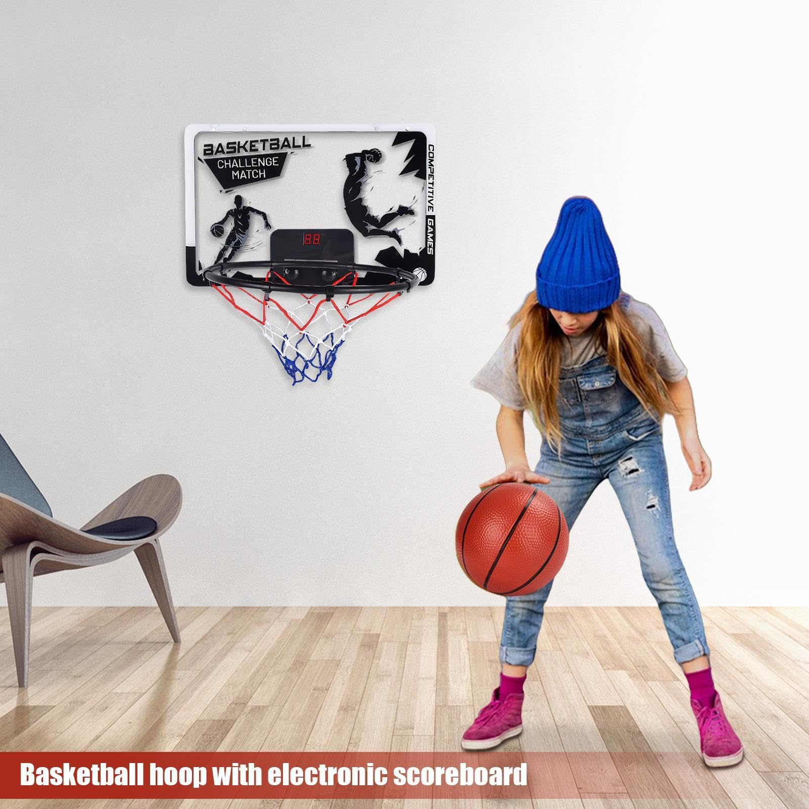 Teksome de Panier de Basket, Panier de Basket électronique - Panier de | Basket intérieur Porte et Mur pour avec éclairage LED | Panneau Mural incassable, de Basket-Ball pour