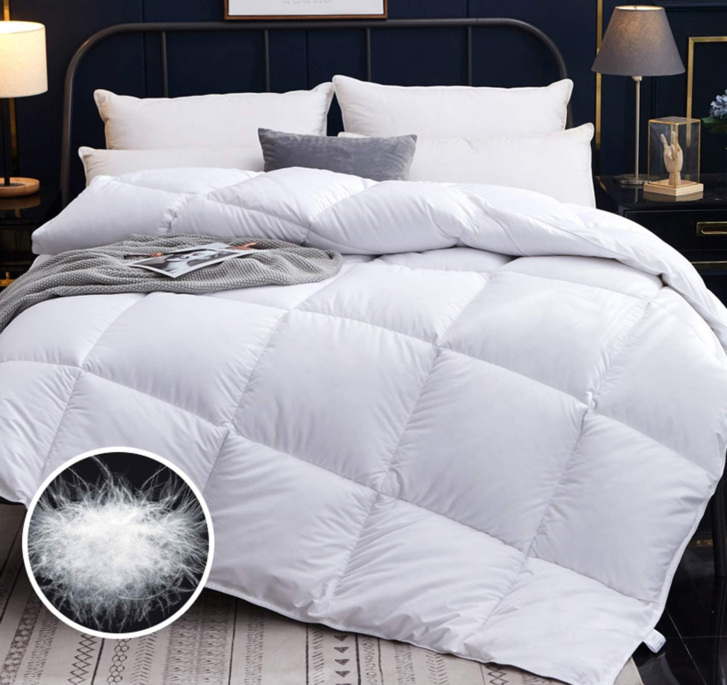 All-Season White Down Quilted Comforter Queen/King Size Cotton Solid Color Duvet Insert Soft Breathable Skin-Friendly Down Comforter for Adult Teens Kids Simple Luxury Style Down Duvet Cover