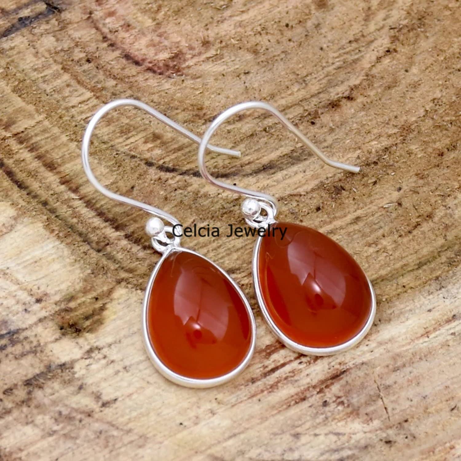 Pendientes de lágrima colgantes de plata de ley 925 maciza para mujer, pendientes de declaración de piedras preciosas de ónix rojo genuino, hermosos pendientes hechos a mano