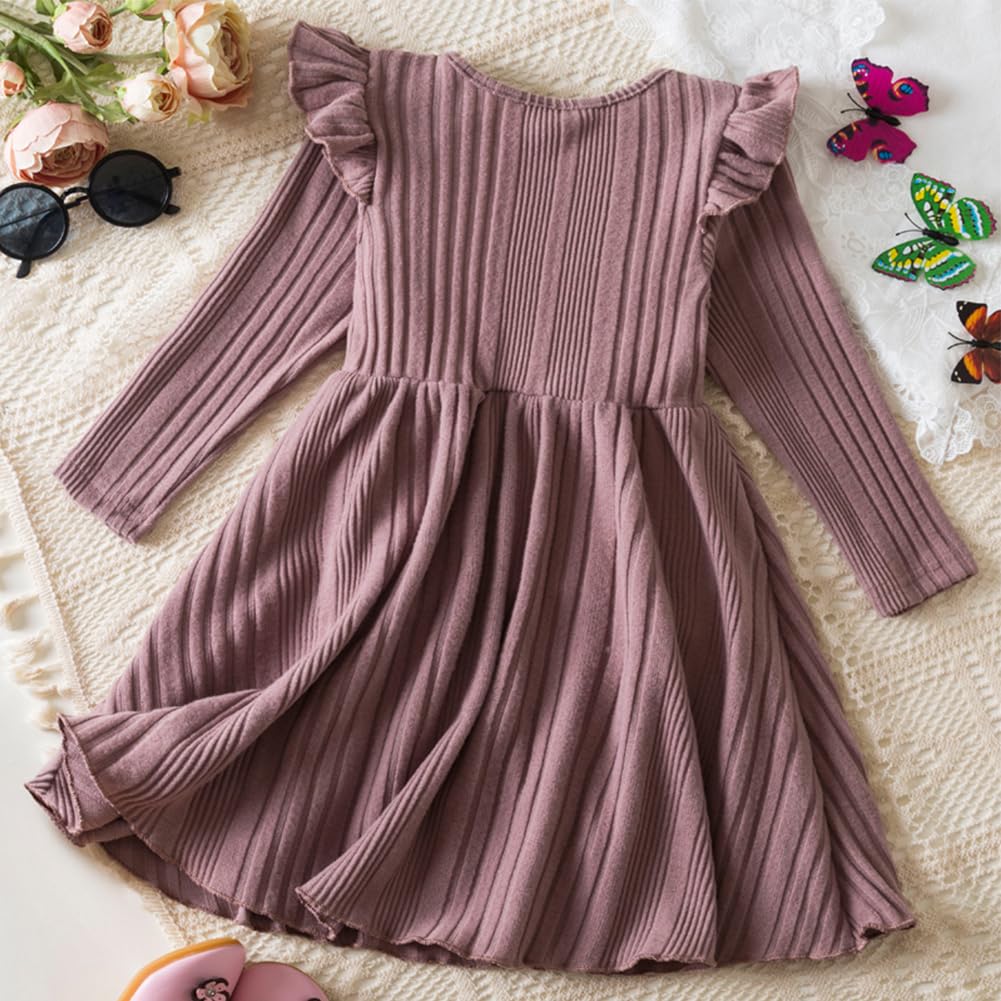 IBAKOM Vestido de otoño para niñas y niñas, de manga larga, con volantes, de punto acanalado, elegante, vestido de princesa, vestido de fiesta de Navidad, trajes de invierno