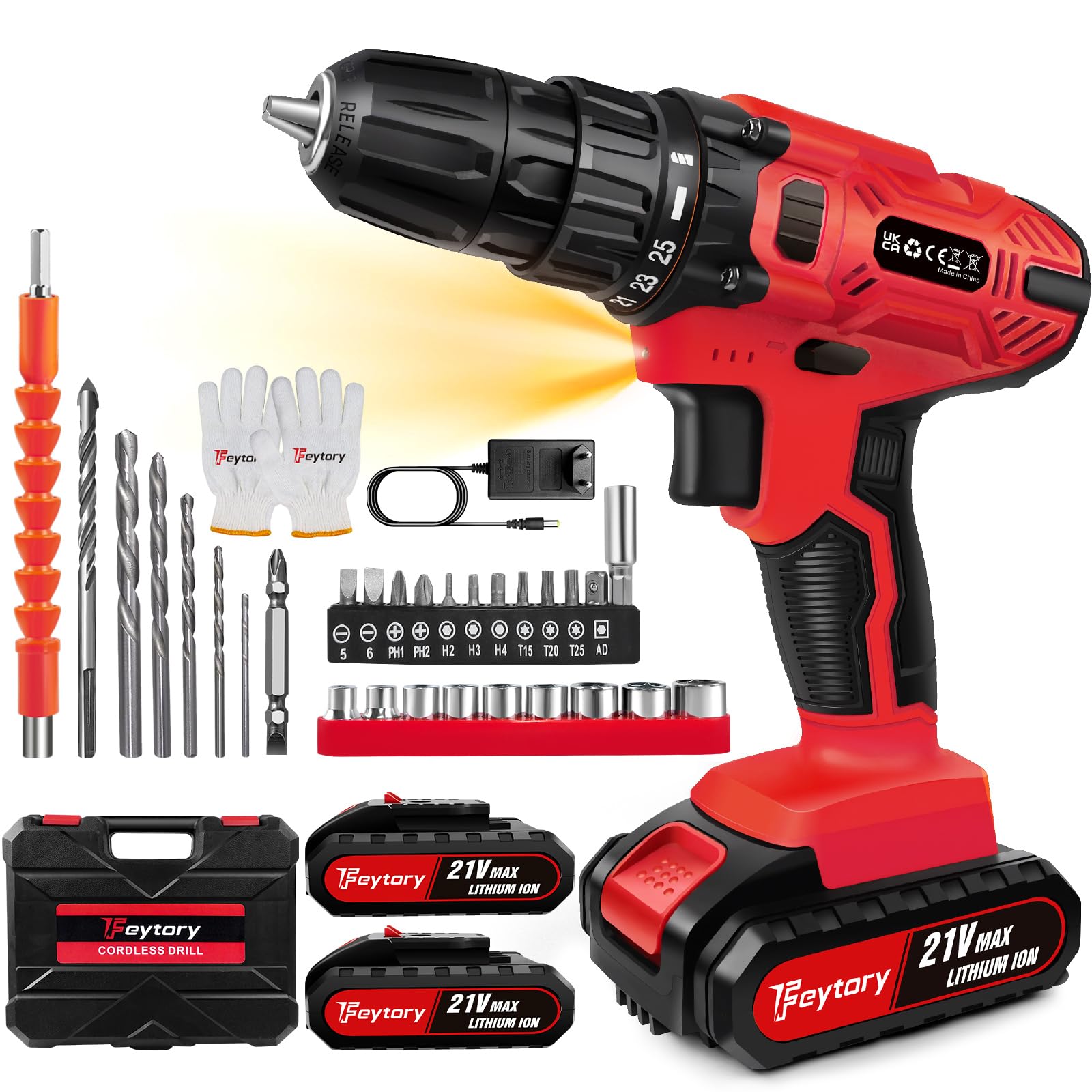 21V Cordless Drill Driver，Handheld Screwdriver Drill Set with 29PCS Drill Bits, 2 X 1500mAh Batteries,25+1 Torque Setting, 45N.m Max,2 Variable Speed, LED Light for Home DIY Project (Red)