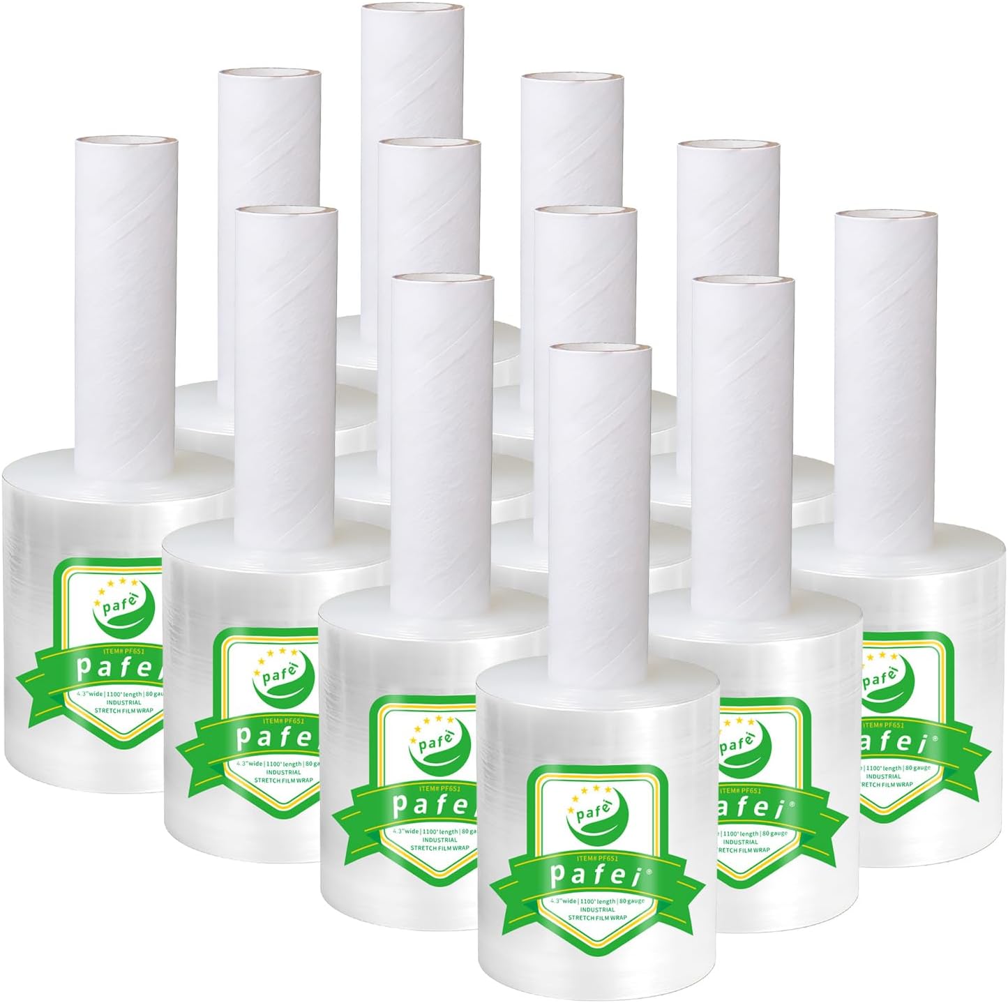 Stretch/Shrink Wrap Roll 4.3 inch 1100ft - 80 Gauge Plastic Saran Wrap for Moving, Heavy Duty 500% Stretch for Pallets, Packing, Shipping&Furniture Protection​-12 Rolls