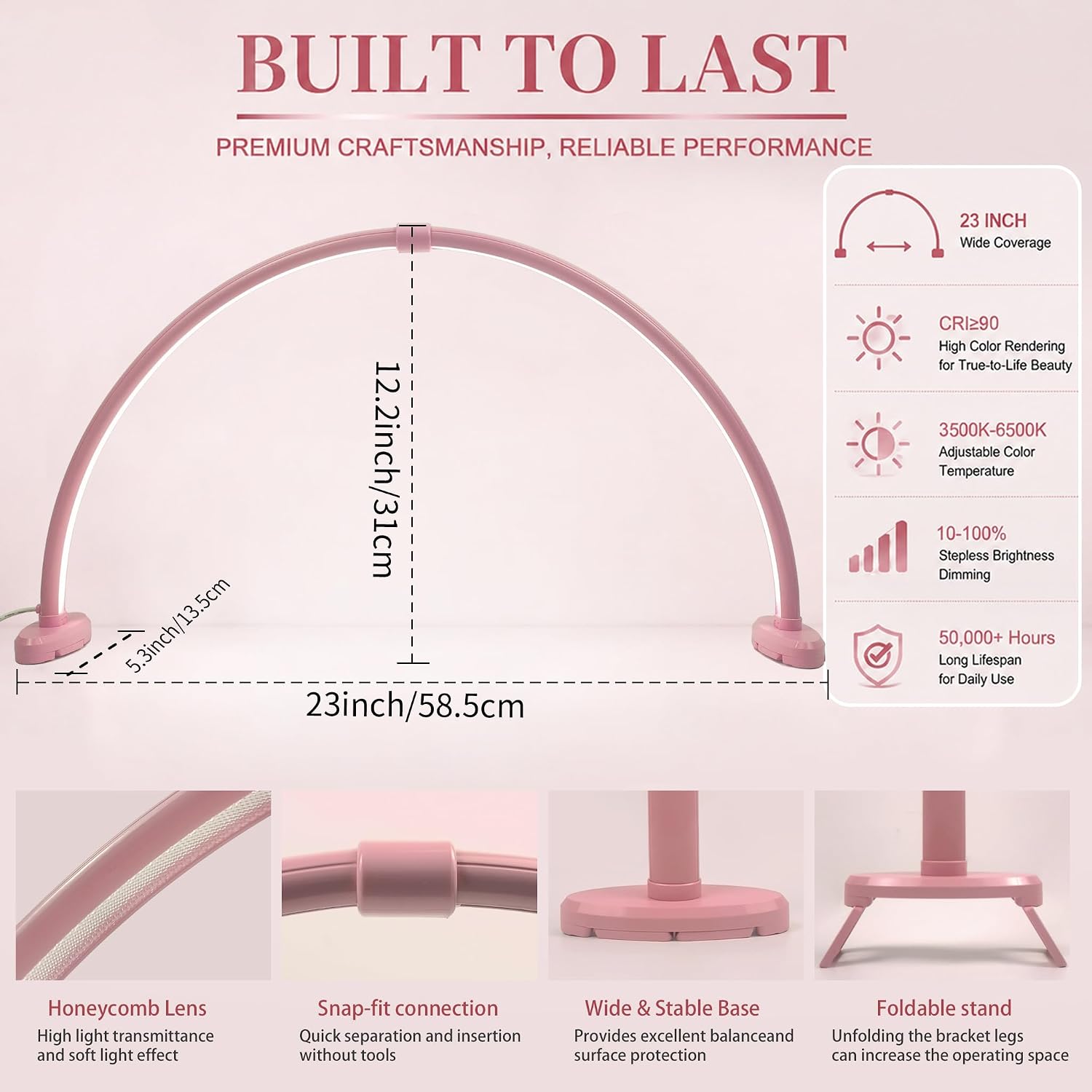 Upgraded Nail Tech Lamp,23 in Foldable Nail Light for Desk,3 Modes3500K-6500K LED Manicure Lamp,Half Moon Light for Nail Art,Eyelash Extension,Tattooing, Skin Management,10 Brightness Levels(Pink)