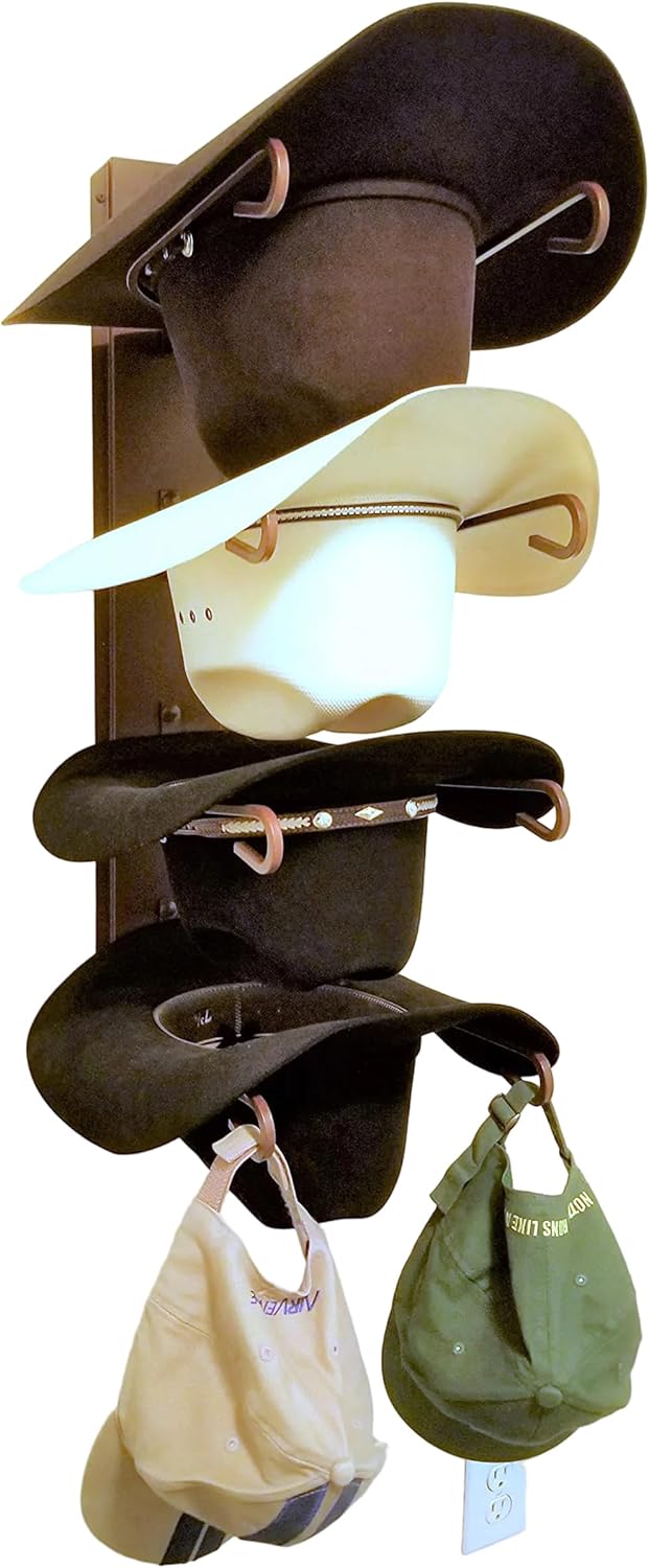 American Made 4 Cowboy Hat Rack, Wall Mount Four Tier Hat Holder, Heavy Duty Powder Coated Steel, Rust Chisholm Trail Brown, Model 664 Classic CT