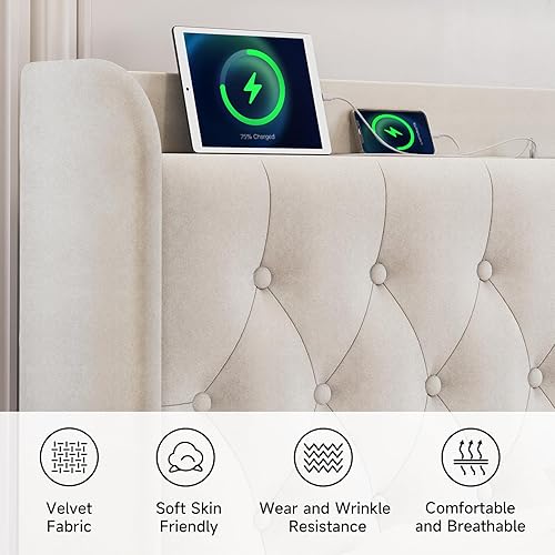 Miniatura 57 de koorlian Marco de cama Queen con plataforma tapizada ajustable de terciopelo con puertos tipo C y USB, cabecera de almacenamiento con respaldo de
