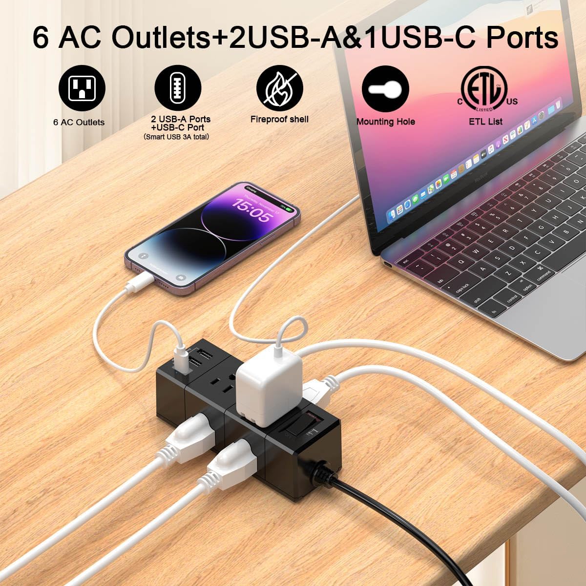 20Ft Extension Cord Flat Plug Power Strip - Tcstei 3-Side Outlet Extender with 6 AC Outlets and 3 USB Ports (1 USB C), Compact for Home, Office, Dorm Room Essentials, Black