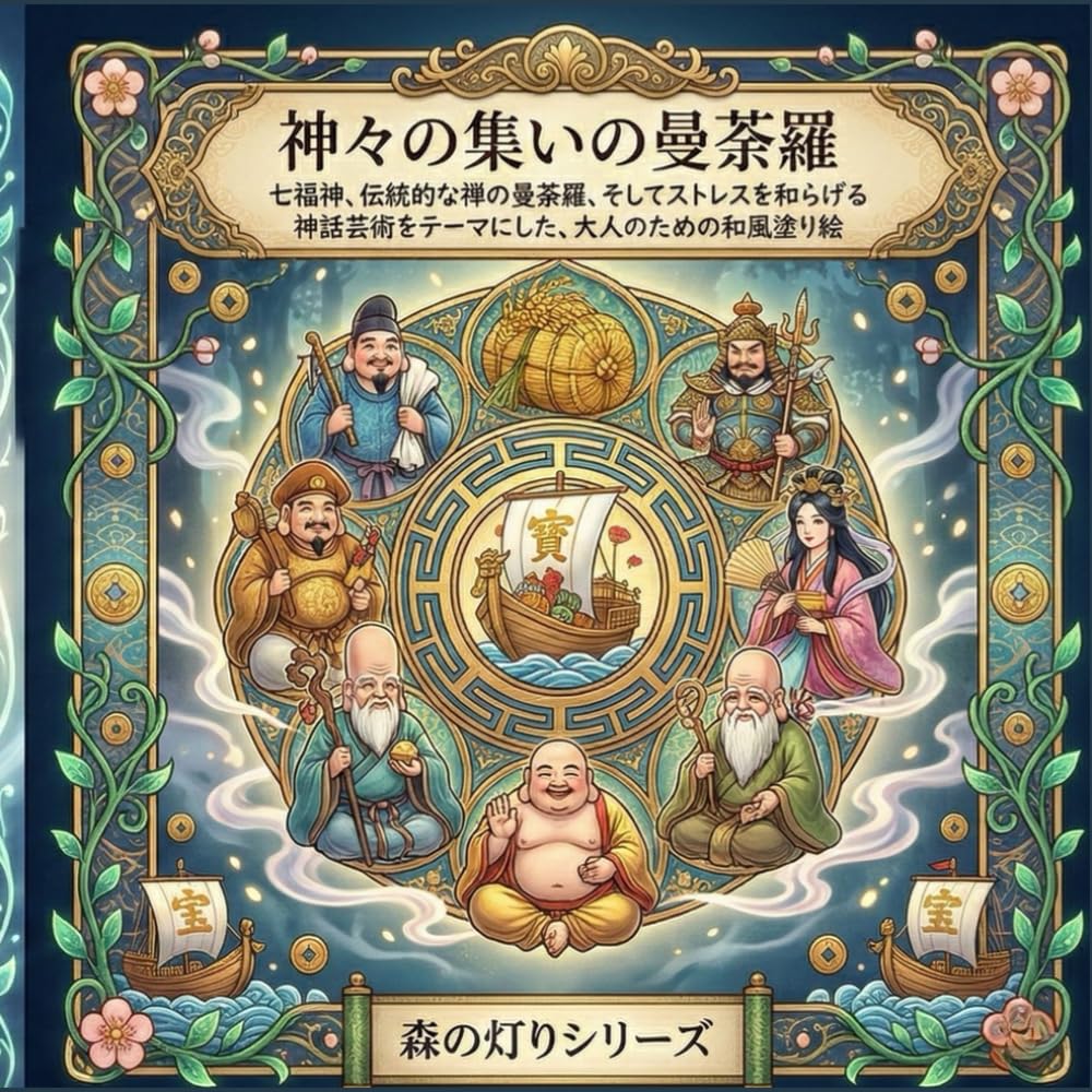 神々の集いの曼荼羅: 七福神、伝統的な禅の曼荼羅、そしてストレスを和らげる神話芸術をテーマにした、大人のための和風塗り絵 (森の灯りシリーズ　曼荼羅)