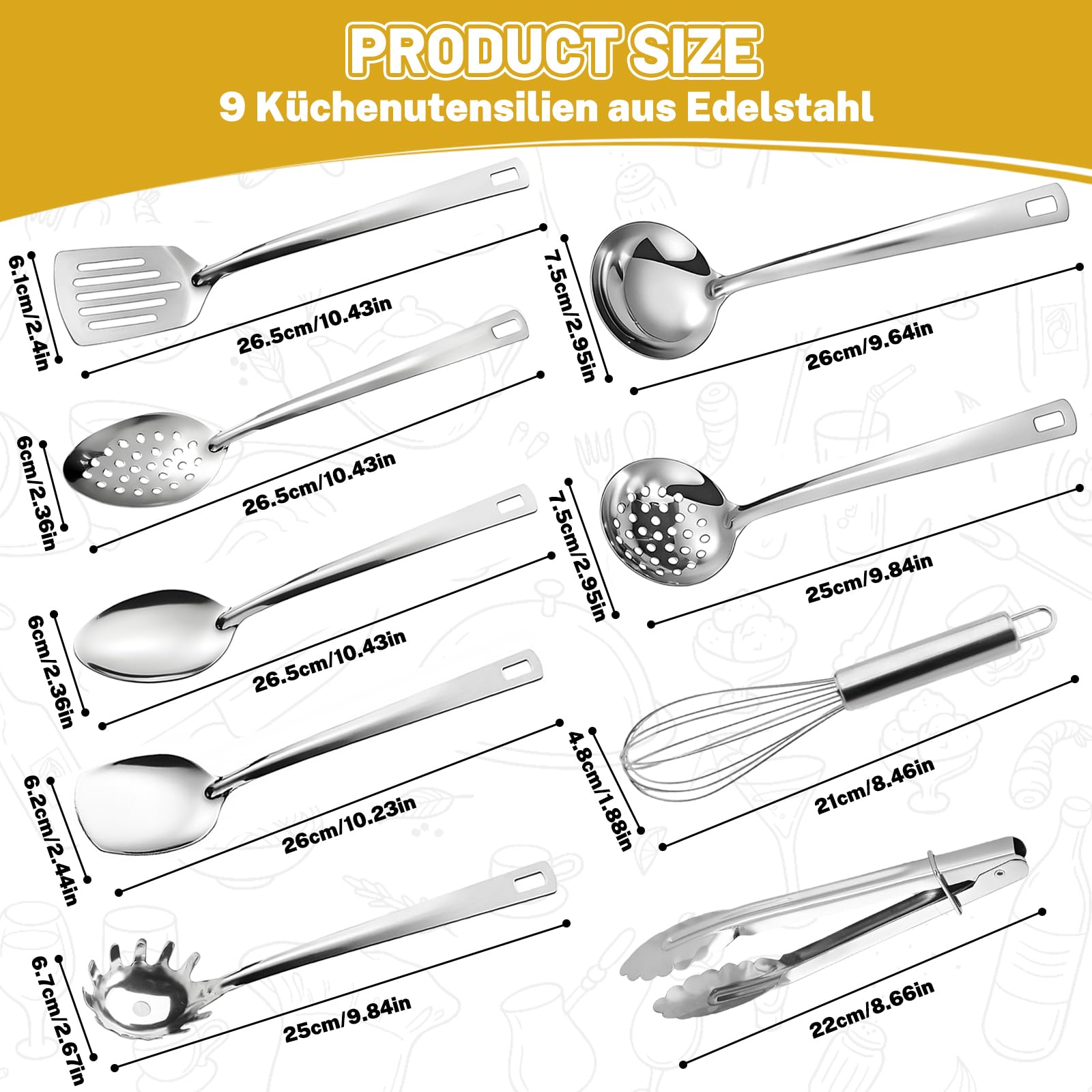 Juego de 9 utensilios de cocina de acero inoxidable – Herramientas de cocina con diseño de agujero colgante, utensilios de cocina, apto para lavavajillas, cucharón de acero inoxidable, espátula — view 2