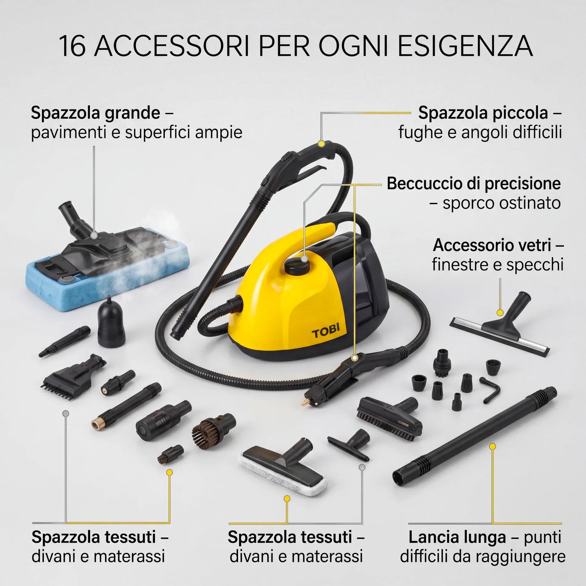 081 Store - Pulitore a Vapore 1800W 16 Accessori Multifunzione per Casa – Pulizia Profonda Senza Prodotti Chimici per Divani, Materassi, Vetri, Bagno e Cucina