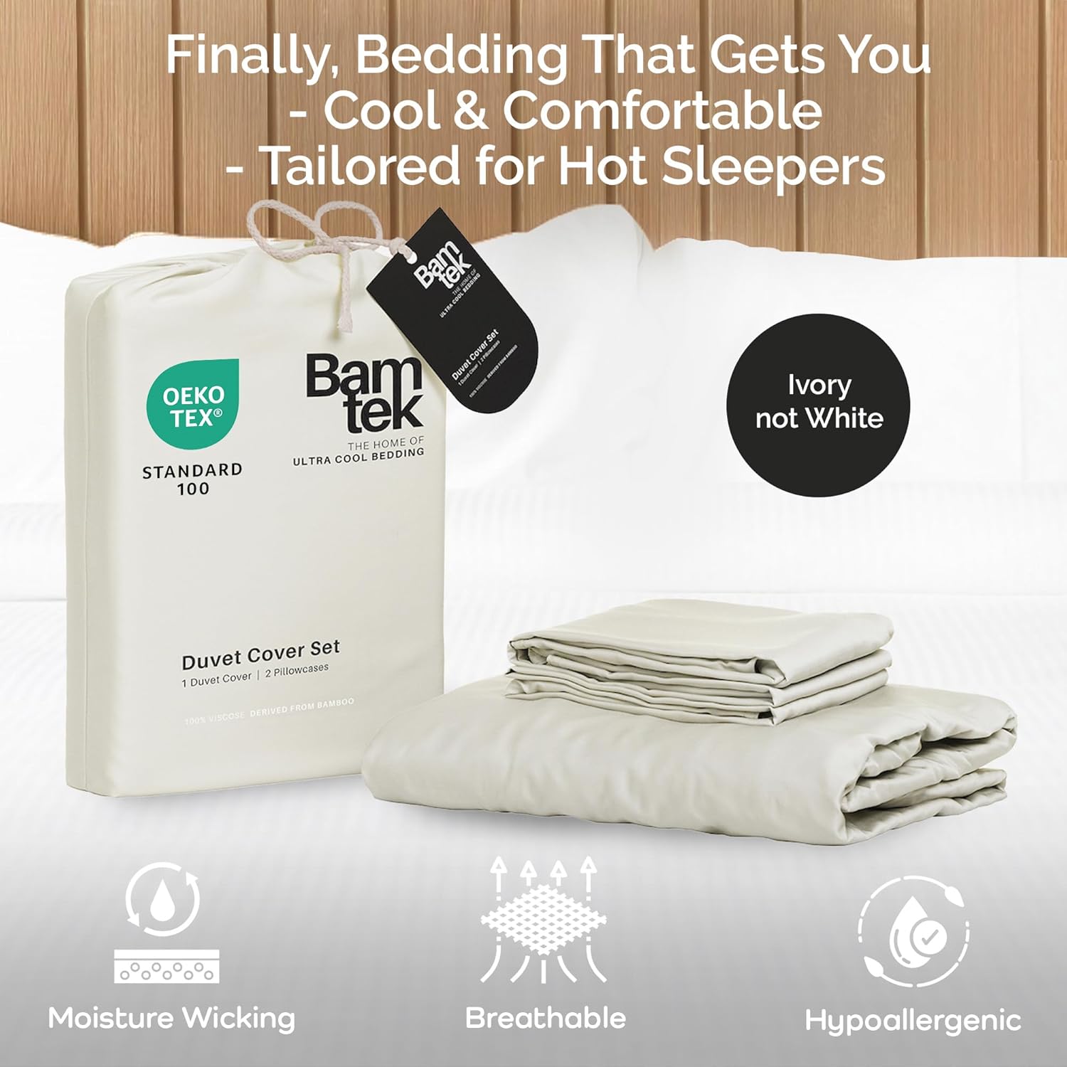 Duvet Cover Set - 100% Viscose Derived from Bamboo Duvet Cover King Size, 3 PC Luxury Cooling Duvet Cover for Hot Sleepers, Silky Buttery Soft Comforter Cover & 2 PC King Pillowcases, Ivory