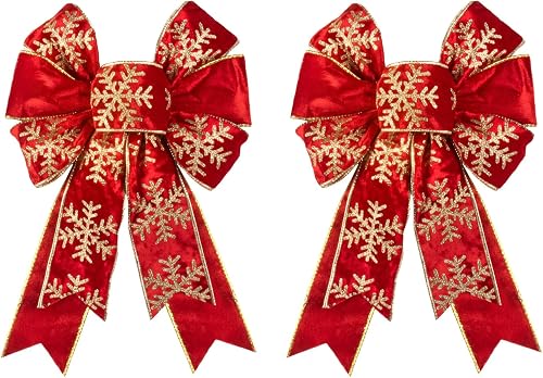 On-Airstore 2Pcs Christmas Wreath Bows Glitter Gold Snowflake Bows for Wreaths, 
