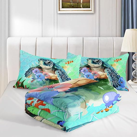 Summer Ocean Comforter Set Mermaid Scale Turtle Printed Bedding Set with 1 Comforter and 2 Pillowcases for Boys and Girls Bedroom All Season(Turtle-3 Twin)