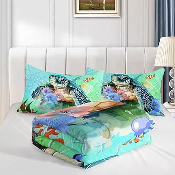 Summer Ocean Comforter Set Mermaid Scale Turtle Printed Bedding Set with 1 Comforter and 2 Pillowcases for Boys and Girls Bedroom All Season(Turtle-3 Twin)