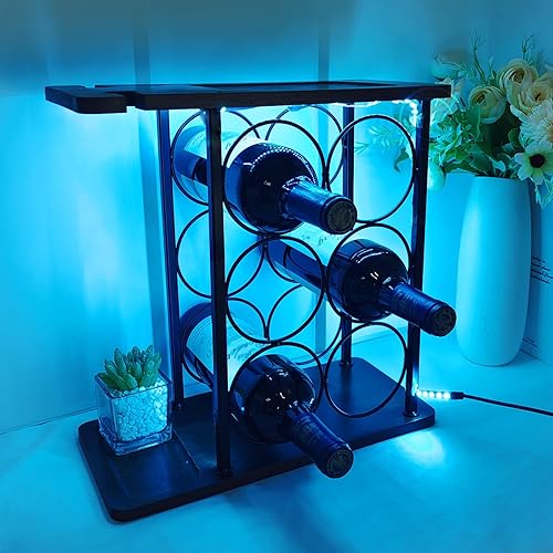 Britrio Estante para vino con luz LED, soporte para botella de vino, soporte para vidrio, organizador para cocina, bar, armario, decoración del