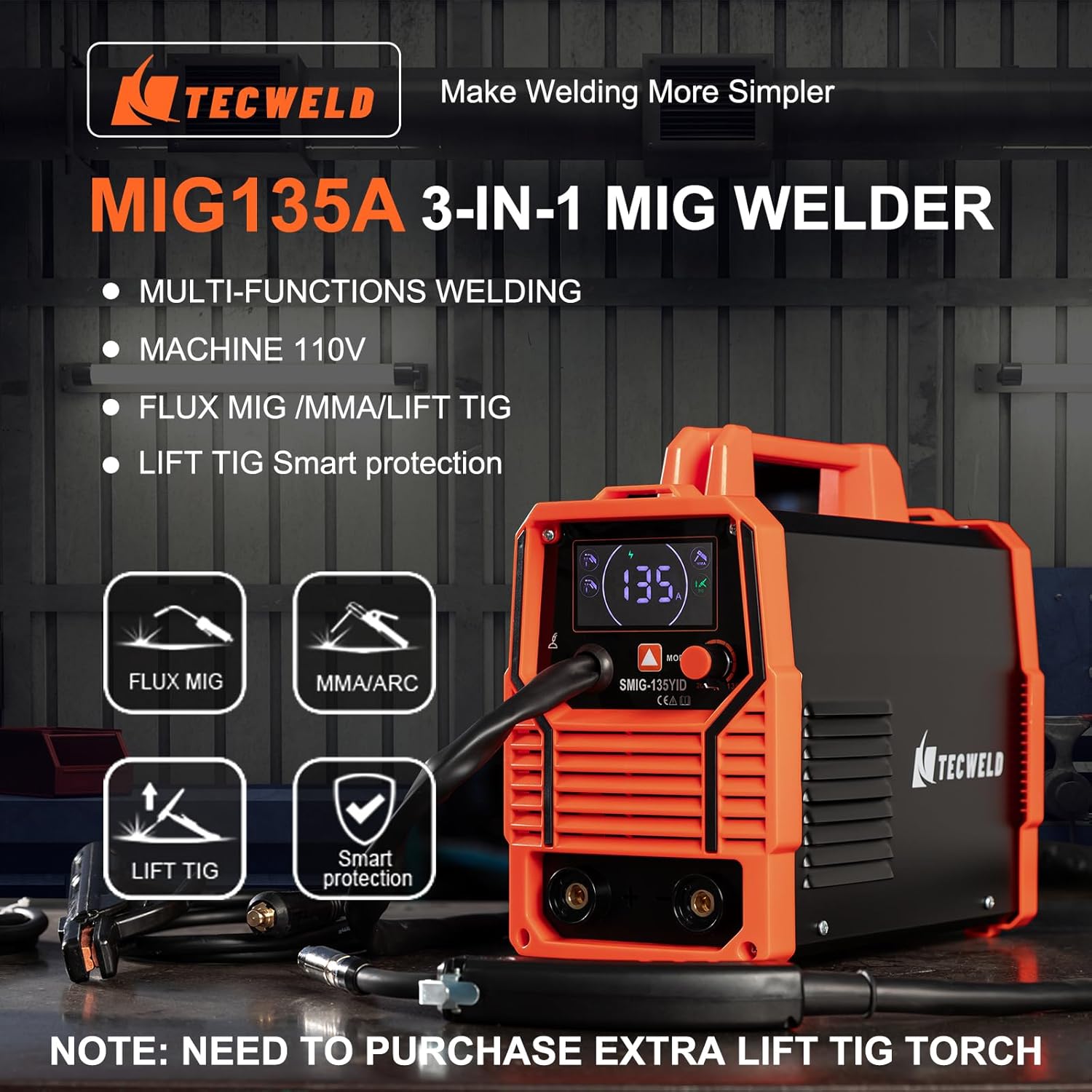 135A MIG Welder 110V 3-in-1 Synergic IGBT Inverter (MIG/Lift TIG/Stick) - Gasless Flux Core, Portable Welding Machine with LED Display