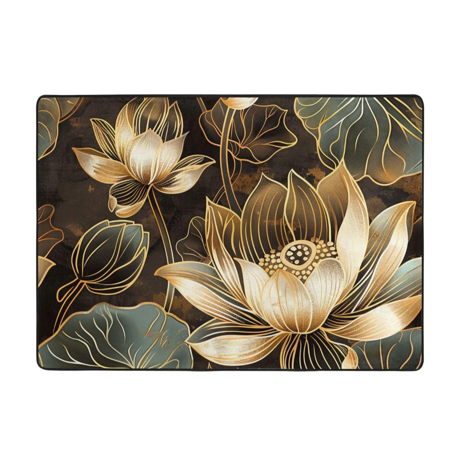 Grand tapis bohème fleurs dorées 203x147 cm pour salon