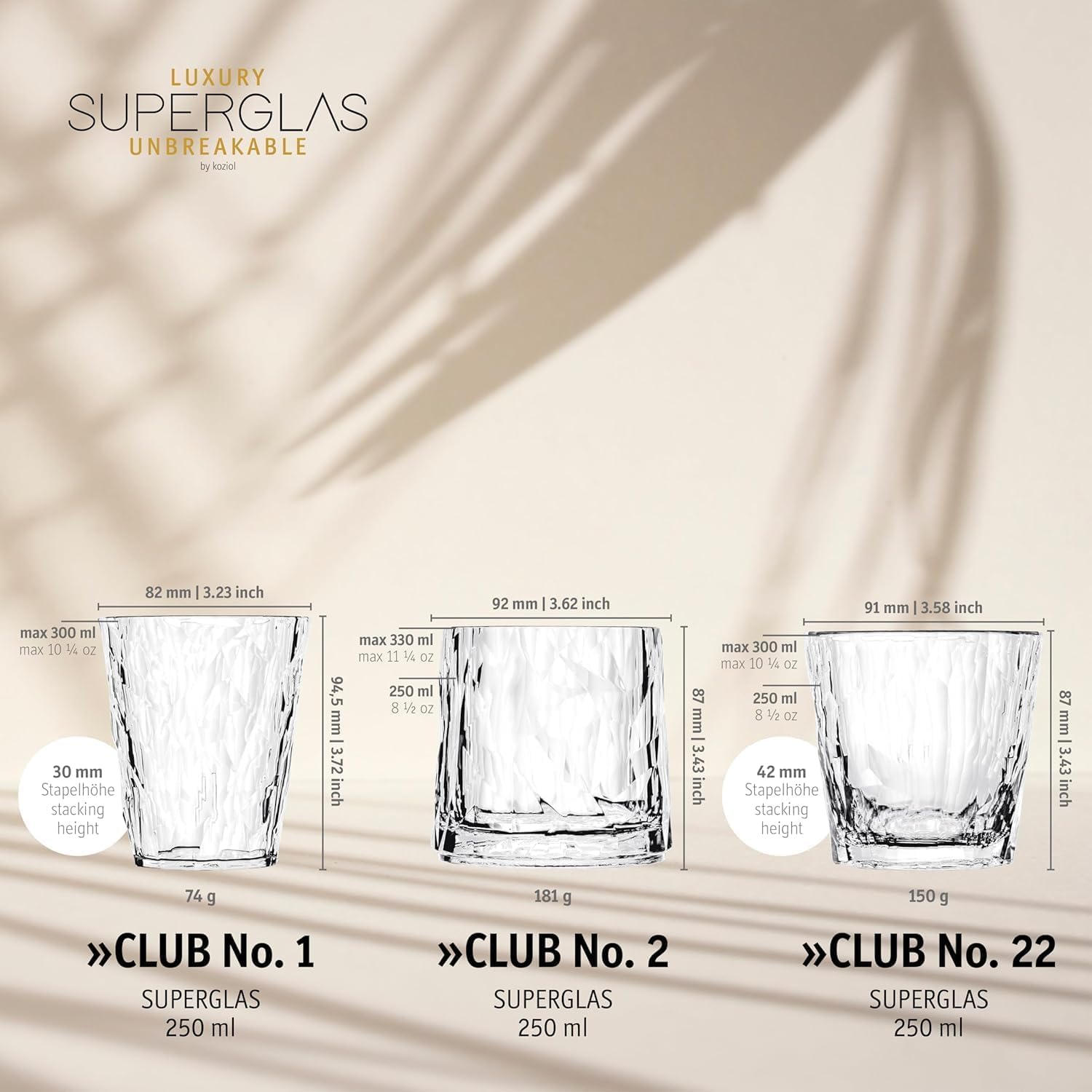 Koziol Superglas Club No.1 – Set de 4 Vasos Irrompibles de 250 ml, Vasos de Agua de Plástico con Efecto Cristal, Apilables, Aptos para Lavavajillas, Ideales para Fiesta, Camping y Cócteles