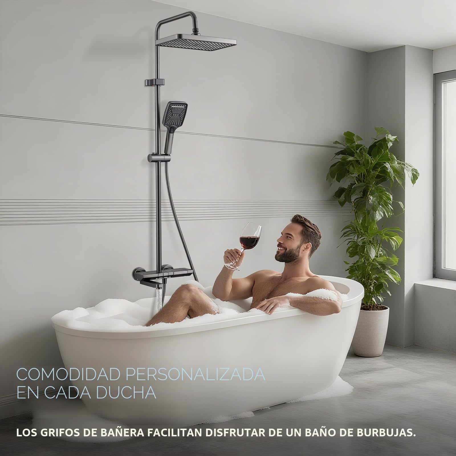 Columna Ducha con Grifo Retráctil, Ducha de Bano Columna con Pantalla Digital LED - Cabezal Cuadrado, Altura Ajustable Ducha de Mano, Grifo para Bañera - Baño de Lujo y Confort