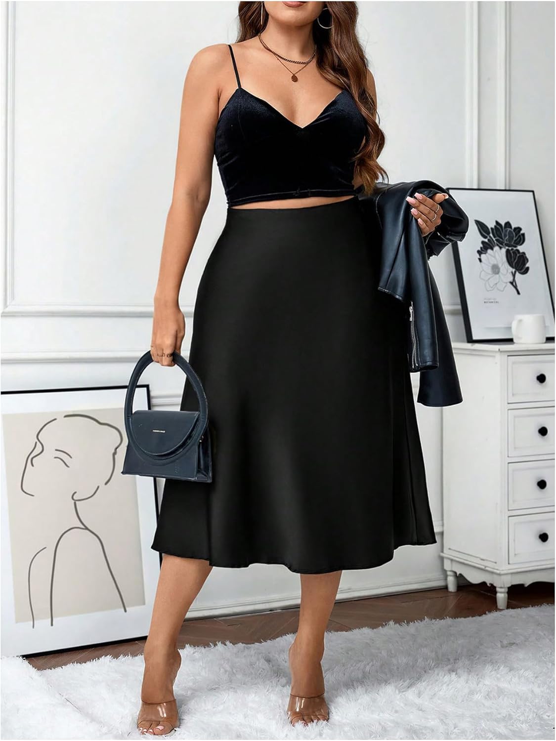 Floerns Women's Plus Size Satin Ruffle Hem Casual Skirt Silk High Waist Solid Color Party Wedding Flowy A Line Midi Skirt - Image 5