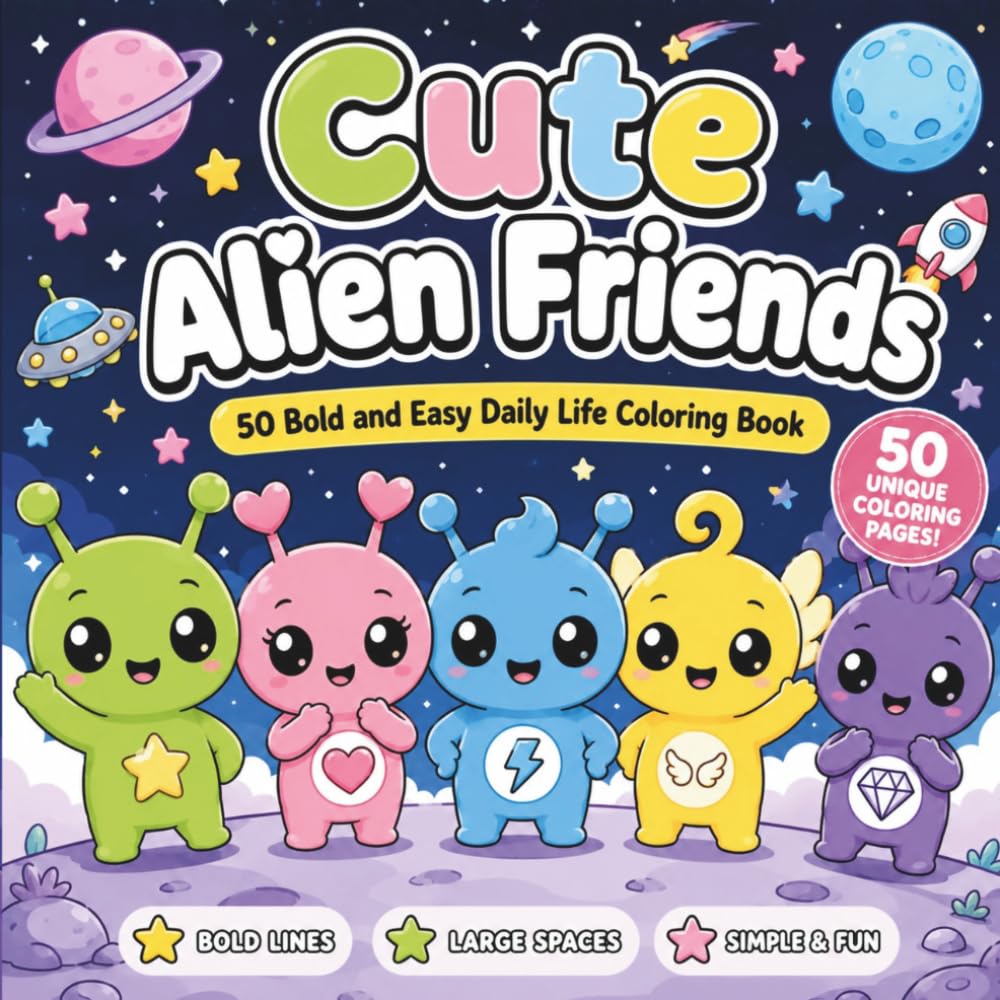 Cute Alien Friends: 50 Bold and Easy Daily Life Coloring Book