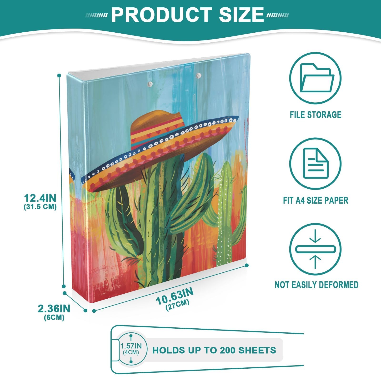 Raccoglitore a 3 anelli con disegno di cactus e cappelli, 3,8 cm, può contenere 200 fogli con 3 tasche interne in PVC trasparente, per scuola e ufficio