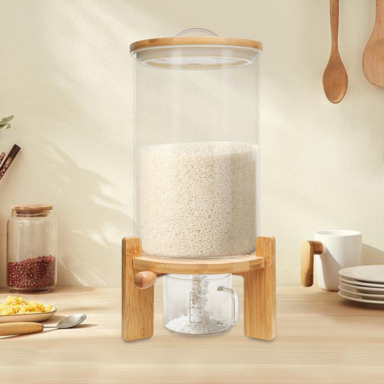 7.5L Tanque de almacenamiento de alimentos de vidrio de almacenamiento con tapa de madera,caja de almacenamiento de vidrio para divididos y cereales
