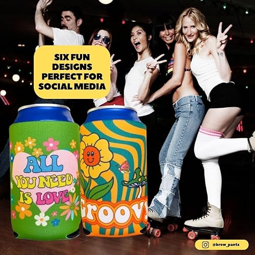 Miniatura 4 de Coozies temáticas de los años 70, regalo genial para cualquier discoteca, material de neopreno de alta calidad, paquete de 6 (lata de cerveza