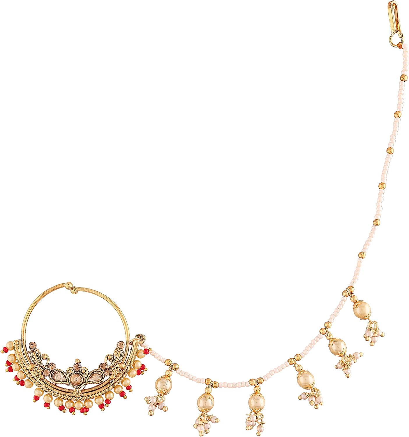 I Jewels 18k Gold Plated Indian Wedding Bollywood Ethnic Bridal Nose Ring/Nath without piercing with Pearl Chain Encased with Pearl Stone for Women/s (NL39-47)