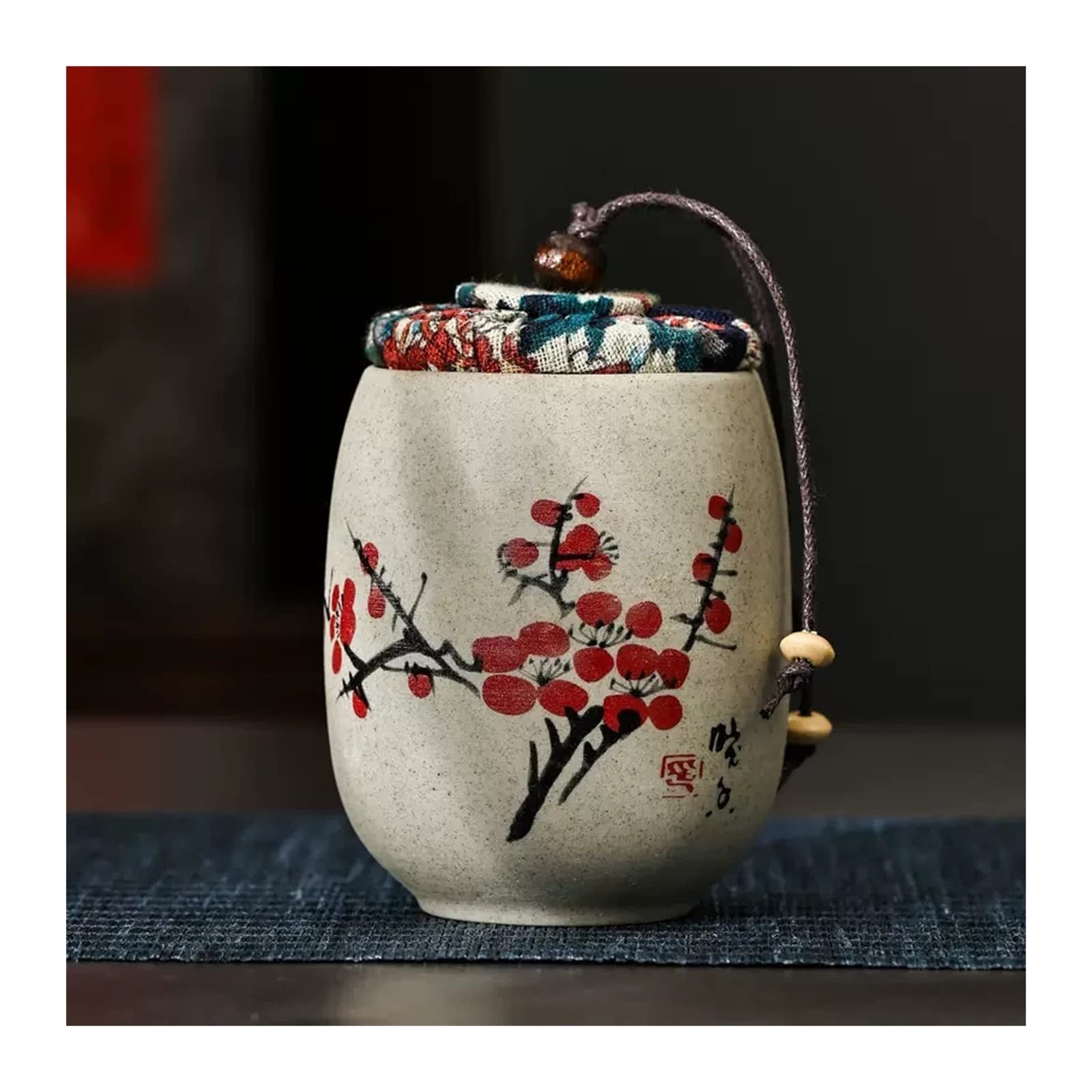 Yqinqin83b Plum Blossoms Stroage Jar Mini Chinese Style Coarse Pottery Tea Tin, 180Ml Sugar