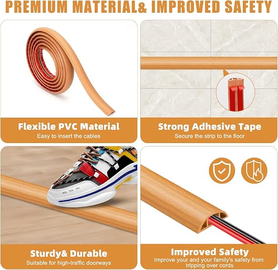 Floor Cable Cover, 3M x 3cm Self-adhesive Floor Cable Protector, Wire Covers for Cables, Flexible Floor Cord Channel for Protect Cables and Prevent Trip Hazards, for Home, Offices, Gyms (Light Brown)